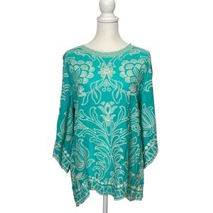 Solitaire Embroidered Boho Tunic Top Teal Aqua Rayon Festival Beach Blouse Large